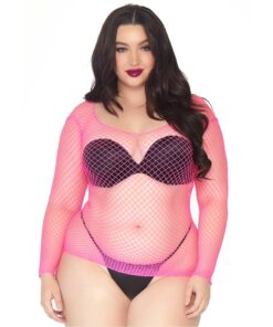 Leg Avenue Long Sleeved Industrial Net Top Neon Pink Plus Size